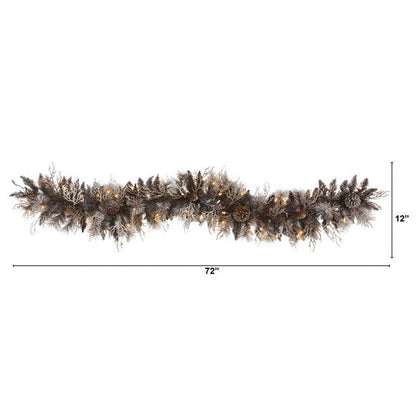 6' Flocked Artificial Christmas Garland with 50 White Warm LED and Pine Cones