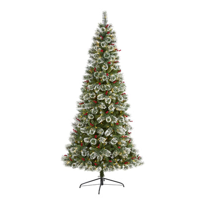 8' Frosted Swiss Pine Artificial Christmas Tree w/ 550 Clear LED Lights & Berrie