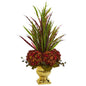 Grass & Hydrangea Artificial Arrangement in Gold Urn