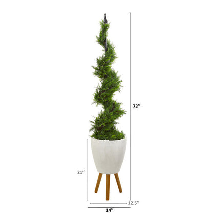 6' Cypress Artificial Spiral Topiary Tree in White Planter with Stand