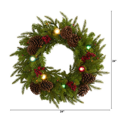 24" Christmas Artificial Wreath with 50 Multicolored Lights