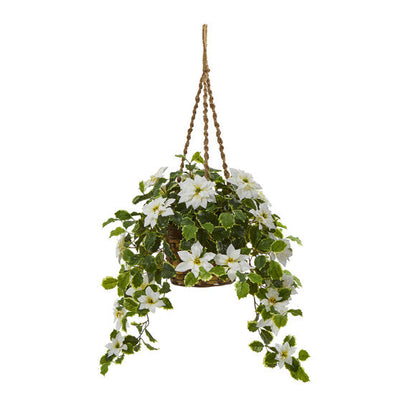 3.5' Poinsettia and Variegated Holly Artificial Plant in Hanging Basket