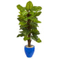 5' Large Leaf Philodendron Artificial Plant in Blue Planter (Real Touch)
