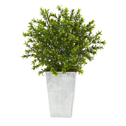 19" Boxwood Artificial Plant in Embossed White Planter