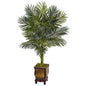 4.5' Golden Cane Palm Tree in Wooden Decorated Planter