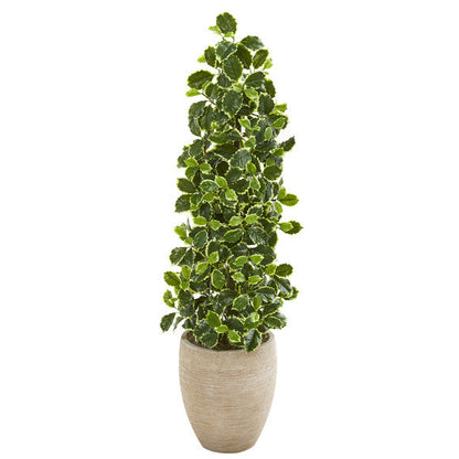 42" Variegated Holly Leaf Artificial Tree in Sand Colored Planter (Real Touch)