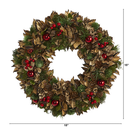 15" Holiday Artificial Wreath with Pine Cones and Ornaments
