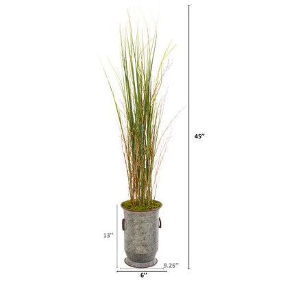 45" Grass and Bamboo Artificial Plant in Vintage Metal Planter