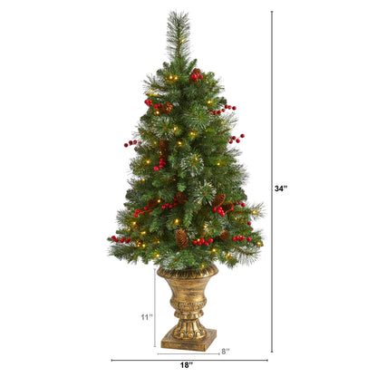 4' Pine, Pinecone & Berries Artificial Christmas Tree w/ 100 Clear LED Lights