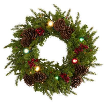 24" Christmas Artificial Wreath with 50 Multicolored Lights