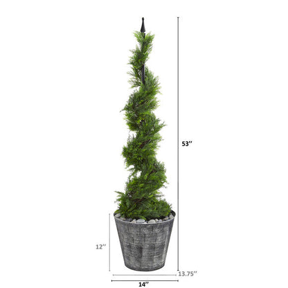 53" Cypress Artificial Spiral Topiary Tree in Black Embossed Tin Planter