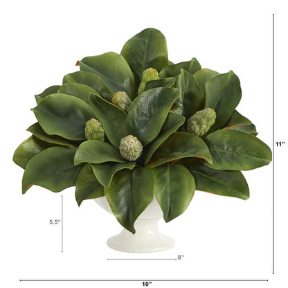 11" Magnolia Artificial Bud Plant in White Pedestal