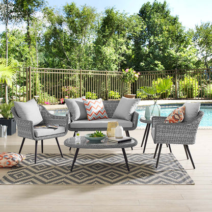 Endeavor 5 Piece Outdoor Patio Wicker Rattan Loveseat Armchair Coffee + Side Table Set by Modway