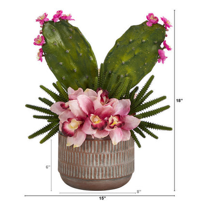 18" Cymbidium Orchid and Cactus Artificial Arrangement in Stoneware Vase