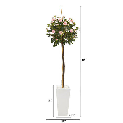 5' Rose Topiary Artificial Tree in White Planter