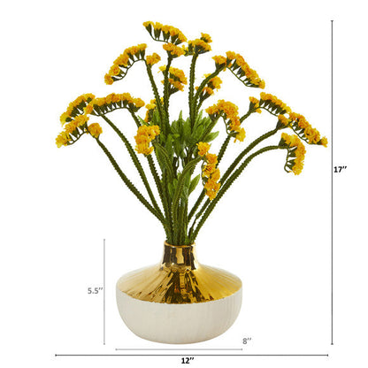 17" Baby Breath Artificial Arrangement in Gold and Cream Elegant Vase