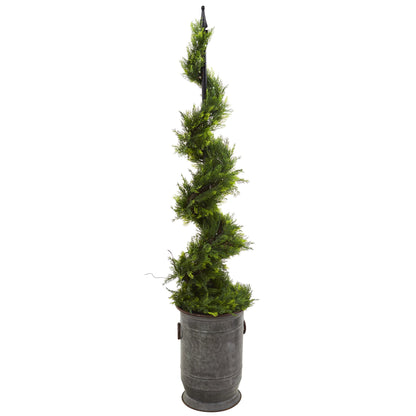58" Cypress Artificial Spiral Topiary Tree in Vintage Metal Planter