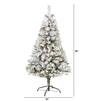 5' Flocked White River Mountain Pine Artificial Christmas Tree w/ Pinecones