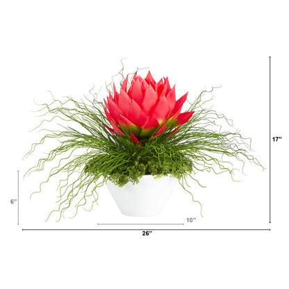 26" Musella and Grass Artificial Arrangement in White Vase