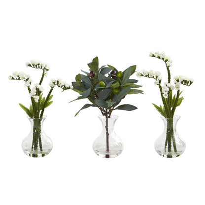 10" Baby Breath and Olive Artificial Arrangement in Vase (Set of 3)