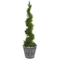 53" Cypress Artificial Spiral Topiary Tree in Black Embossed Tin Planter