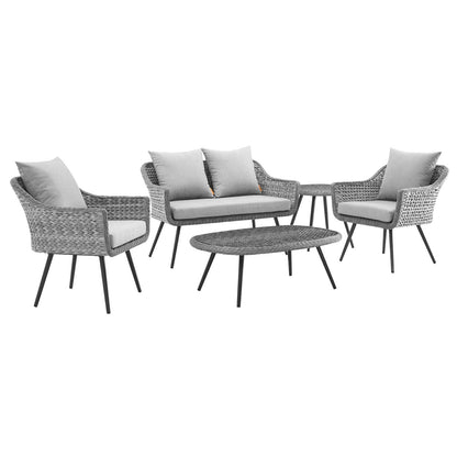 Endeavor 5 Piece Outdoor Patio Wicker Rattan Loveseat Armchair Coffee + Side Table Set by Modway