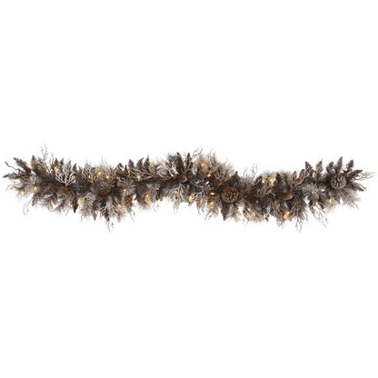 6' Flocked Artificial Christmas Garland with 50 White Warm LED and Pine Cones