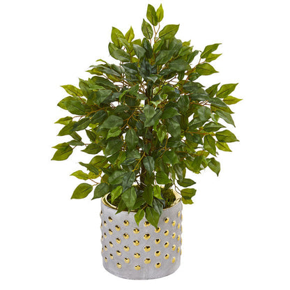 17" Mini Ficus Artificial Tree in Stoneware Vase with Gold Trimming