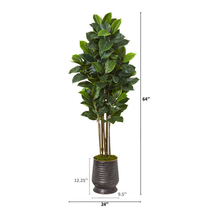 64" Rubber Leaf Artificial Tree in Ribbed Metal Planter