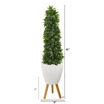 4' Sweet Bay Cone Topiary Artificial Tree in White Planter with Stand