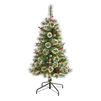 4' Frosted Swiss Pine Artificial Christmas Tree w/ 100 Clear LED Lights & Berrie