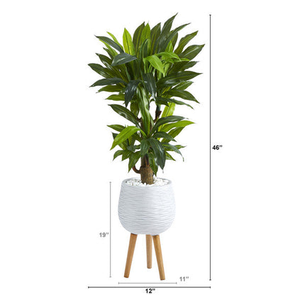 46" Corn Stalk Dracaena Artificial Plant in White Planter with Stand