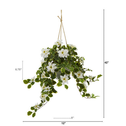 3.5' Poinsettia and Variegated Holly Artificial Plant in Hanging Metal Bucket