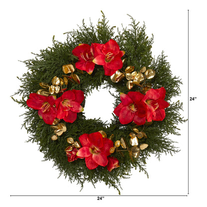 24" Cedar, Amaryllis and Metallic Eucalyptus Artificial Wreath