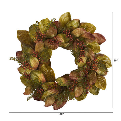 30" Fall Magnolia Leaf and Berries Artificial Wreath