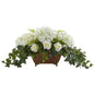 Hydrangea & Roses Artificial Arrangement In Metal Planter 1651-WH