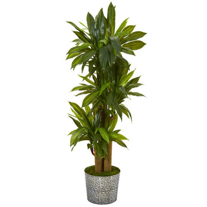58" Corn Stalk Dracaena Artificial Plant in Black Embossed Tin Planter