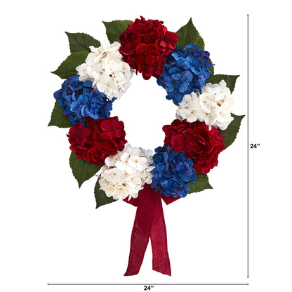 24" Red, White and Blue "Americana" Hydrangea Artificial Wreath