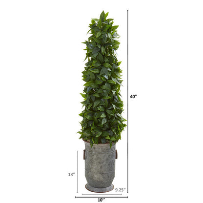 40" Sweet Bay Cone Topiary Artificial Tree in Vintage Metal Planter