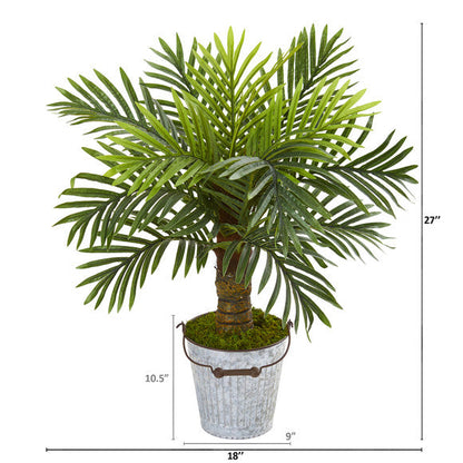 27" Robellini Palm Artificial Tree in White Washed Vintage Metal Pail