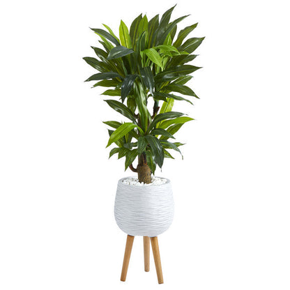 46" Corn Stalk Dracaena Artificial Plant in White Planter with Stand