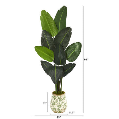 64" Traveler's Palm Artificial tree in Floral Print Planter