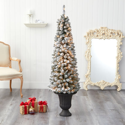 62' Flocked Pencil Artificial Christmas Tree w/ 200 Clear Lights
