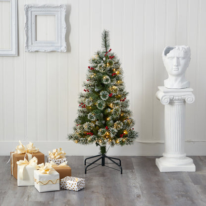 4' Frosted Swiss Pine Artificial Christmas Tree w/ 100 Clear LED Lights & Berrie