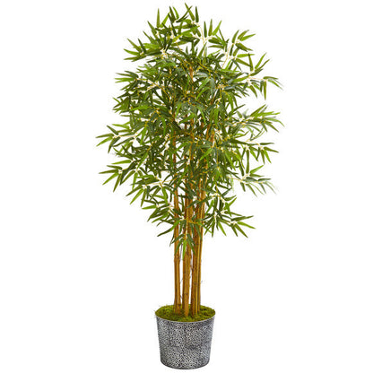5' Bamboo Artificial Tree in Black Embossed Tin Planter