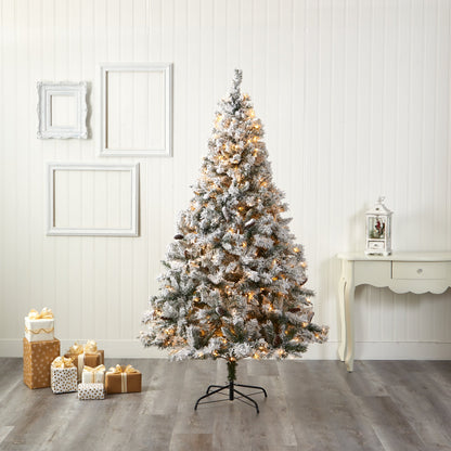 7' Flocked White River Mountain Pine Artificial Christmas Tree w/ Pinecones