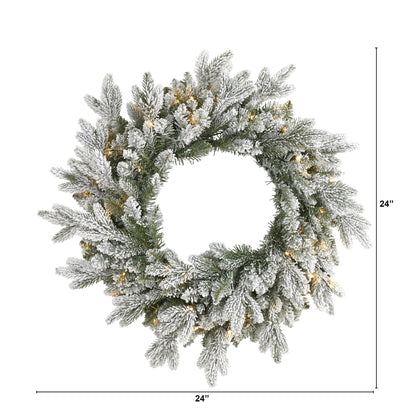 24" Flocked Artificial Christmas Wreath with 50 LED Lights