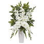 Gladiolas & Fern Artificial Arrangement in White Vase