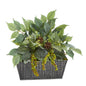 14" Mixed Ficus and Fittonia Artificial Plant in Embossed Tin Planter