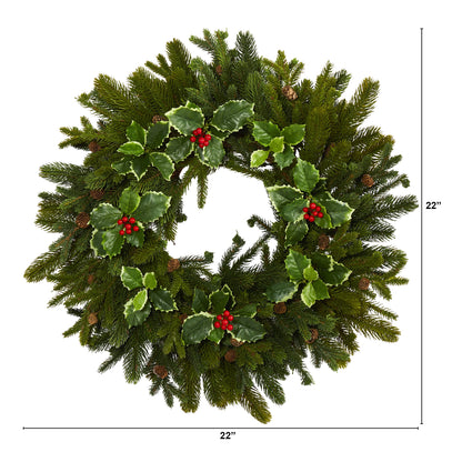 22" Pine, Pinecone and Variegated Holly Leaf Artificial Wreath